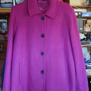 Lands End Women's Wool Blend Pea Coat Size 14P Overcoat With Pockets-Berry